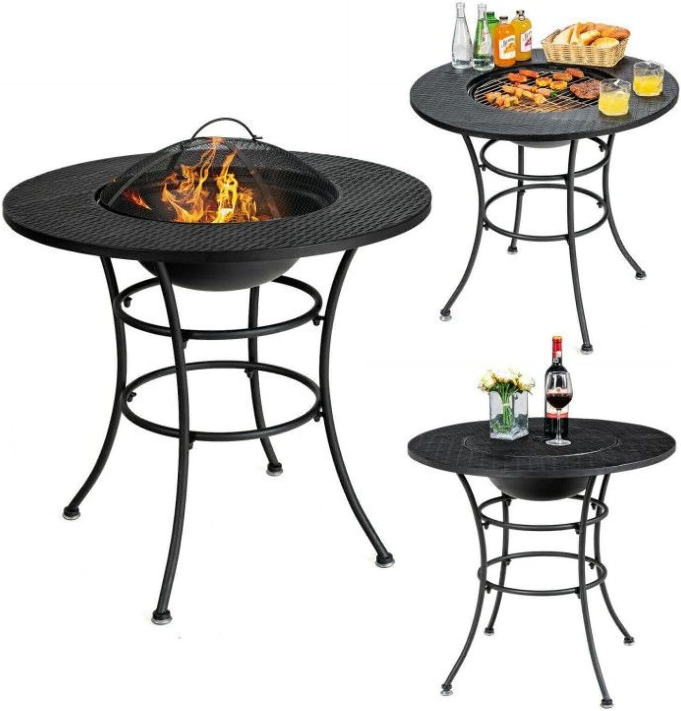 31.5" Patio Dining Table with BBQ Grate - Outdoor Fire Pit Table - Steel Wood Burning Fire Pit - 4-in-1 Multifunctional Outdoor Furniture
