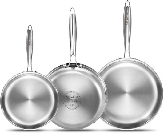 DELARLO Whole Body Tri-Ply Stainless Steel Frying Pan set, 8\u201D\/10\u201D\/12\u201D Cooking pans, Kitchen Cookware Set, Fast Heating Chef's pan with Ergonomic Handles, Suitable for All Stove