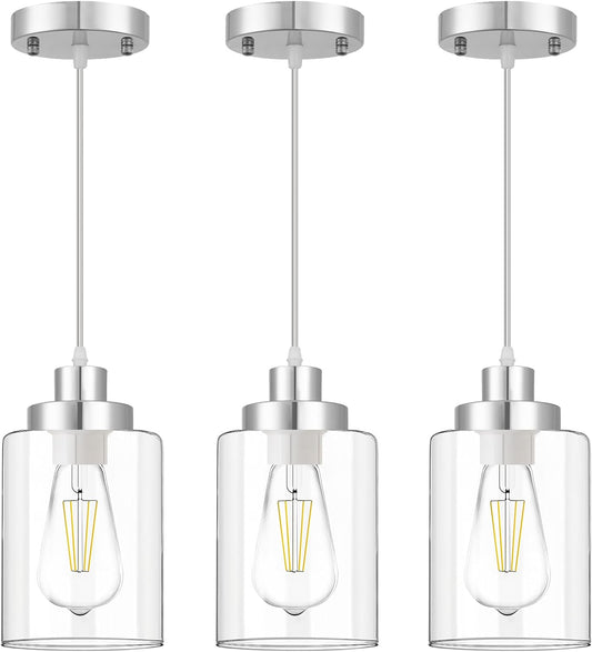 WimiSom Industrial Pendant Lighting, Modern Clear Glass Shade Pendant Lights, Adjustable Hanging Light Fixtures, Farmhouse Pendant Lighting for Kitchen Island Living Room Bedroom Hallway 3-Pack