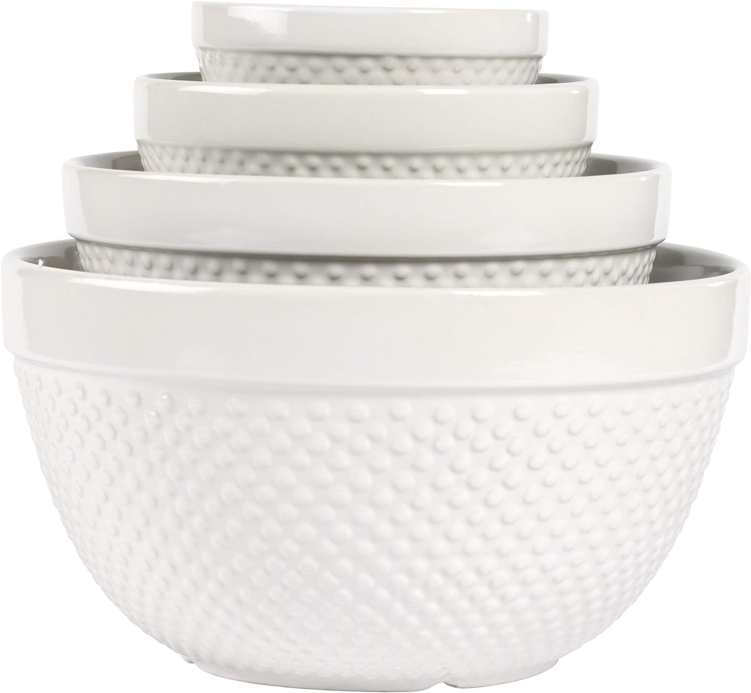 TTU Tabletops Gallery Hobnail Style 4 Piece Classic White Stoneware Nesting Mixing Bowl Set for Baking and Cooking