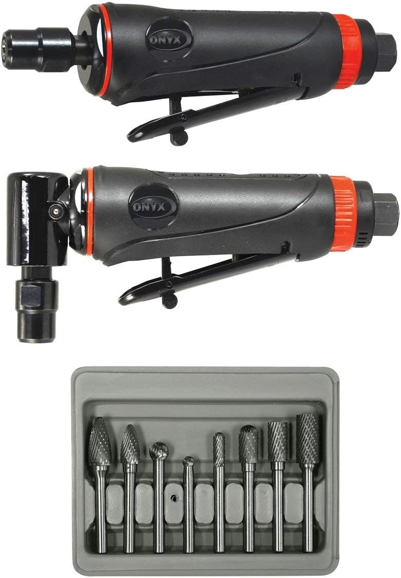 Astro Pneumatic Tool 219 ONYX 3pc Die Grinder Kit w\/ 90° Die Grinder, Die Grinder & 8pc Double Cut Carbide Rotary Burr Set