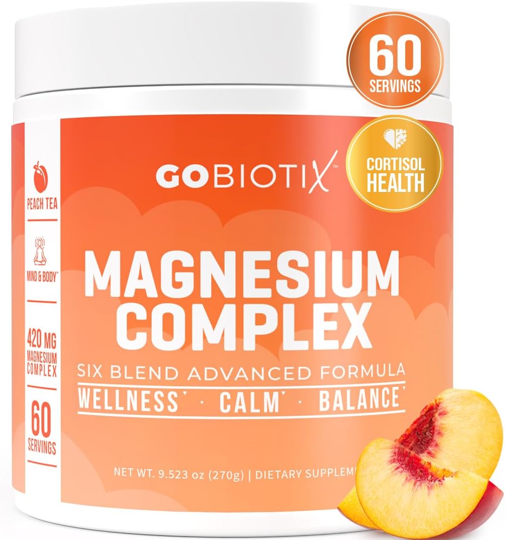 GoBiotix Magnesium Glycinate Powder \u2013 Cortisol Supplements for Women and Men \u2013 High Absorption Magnesium Complex Calm Supplement with Citrate, Malate \u2013 Sugar Free \u2013 420 mg, 60 Servings - Peach Tea