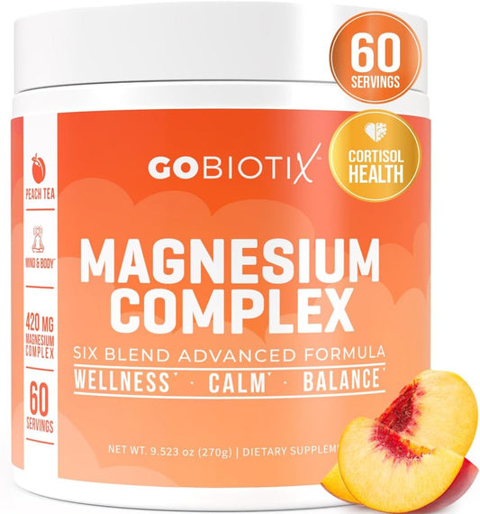 GoBiotix Magnesium Glycinate Powder \u2013 Cortisol Supplements for Women and Men \u2013 High Absorption Magnesium Complex Calm Supplement with Citrate, Malate \u2013 Sugar Free \u2013 420 mg, 60 Servings - Peach Tea