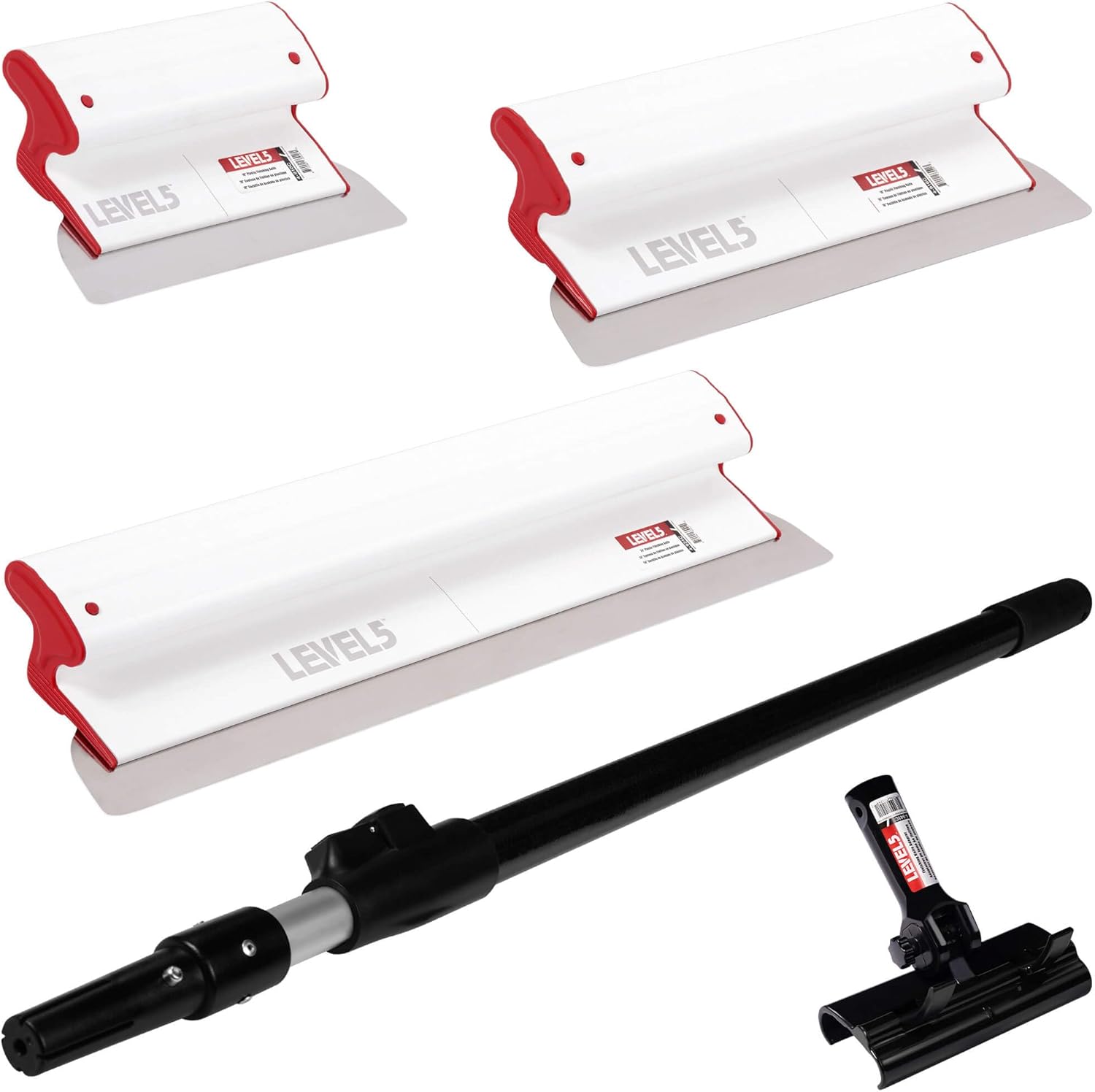 LEVEL5 Drywall Composite Skimming Blade Set | 10, 16 & 24 Inch Skimming Blades, 37-63 Inch Extension Handle | Composite Body & Stainless Steel Blade | For Smoothing Walls and Ceilings | 5-440C