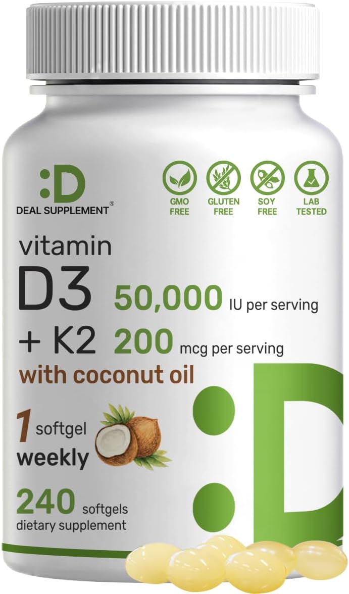 DEAL SUPPLEMENT Vitamin D3 50,000 IU + K2 MK7 200mcg Softgels, 240 Count | 2-in-1 Complex with Virgin Coconut Oil | Supports Heart, Bone, Teeth & Immune Health | Easy to Swallow