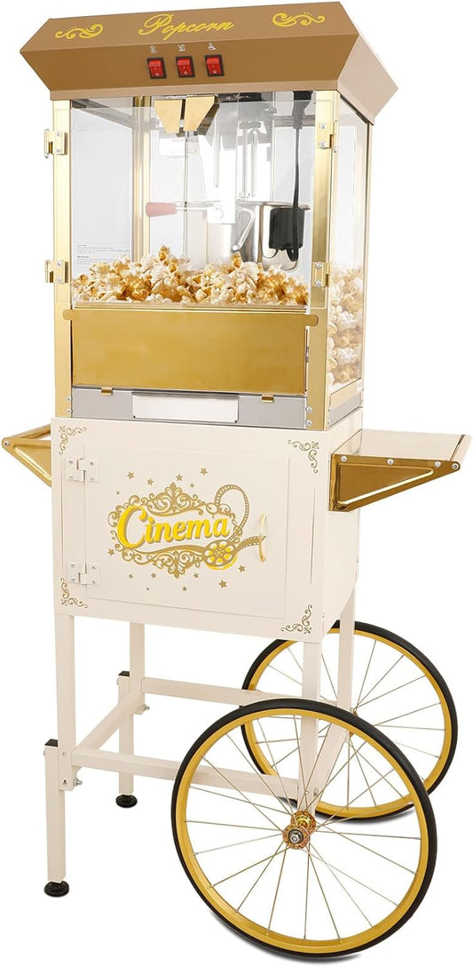 Vintage Popcorn Machine with Cart, 18oz Popper Stainless-Steel Kettle & Warming Light, Makes Up to 80 Cups, Ideal for Family Gatherings, Movie Theaters & Amusement Parks, White