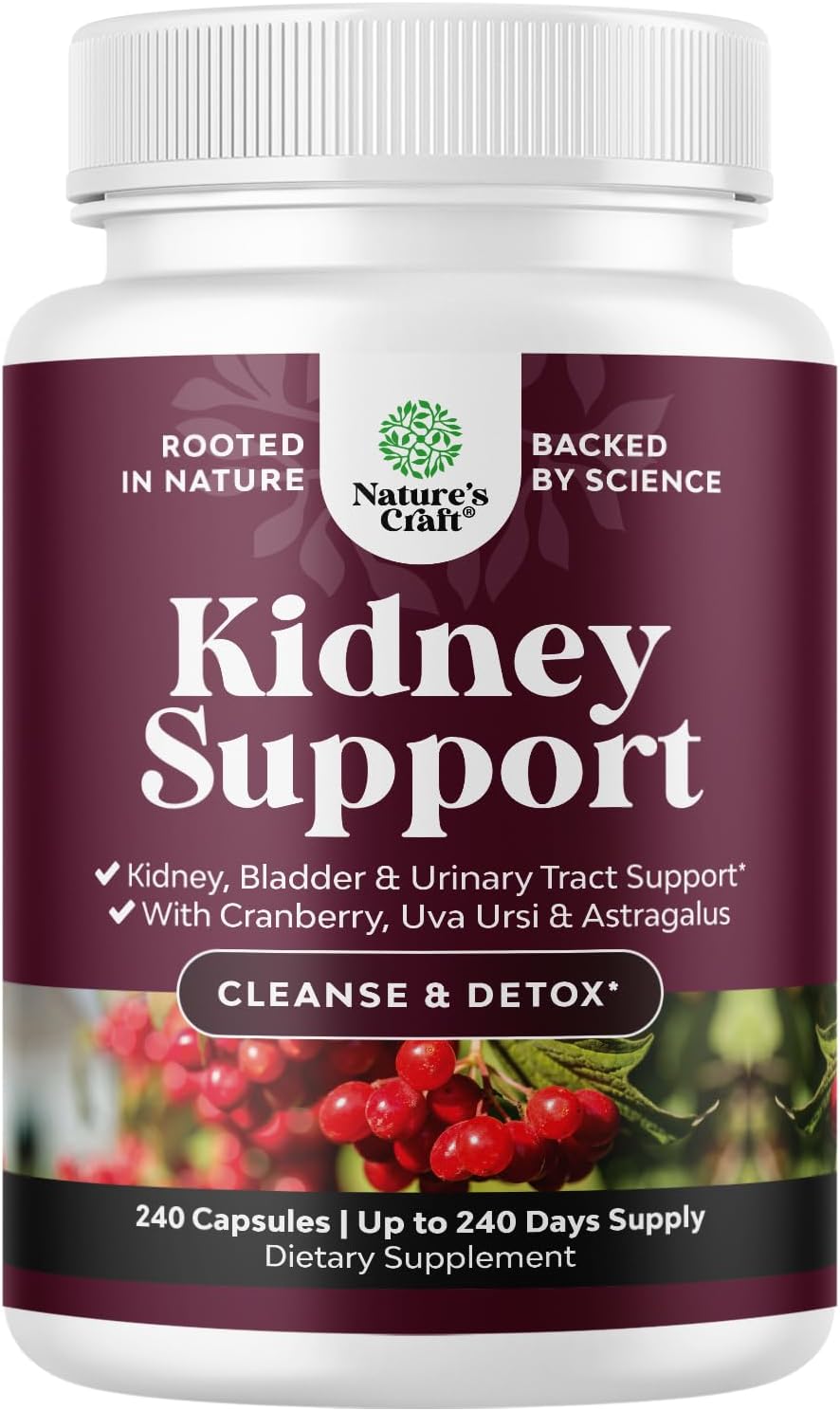 Advanced Kidney Support Supplement - Kidney Cleanse Detox & Repair Cranberry Extract Capsules with Uva Ursi, Stinging Nettle & Astragalus for Kidney Health - Urinary Tract Health - 240 Caps