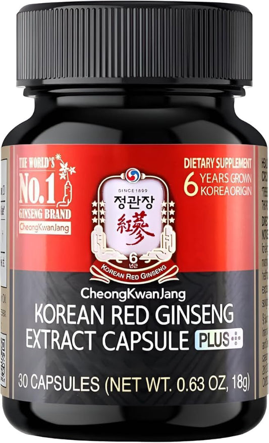 Korean Red Ginseng Extract Capsules Plus | All-in-1 Focus Pills for Men & Women | Natural Energy Supplements, Circulation, Immune Support, Brain Booster | 30 Capsules