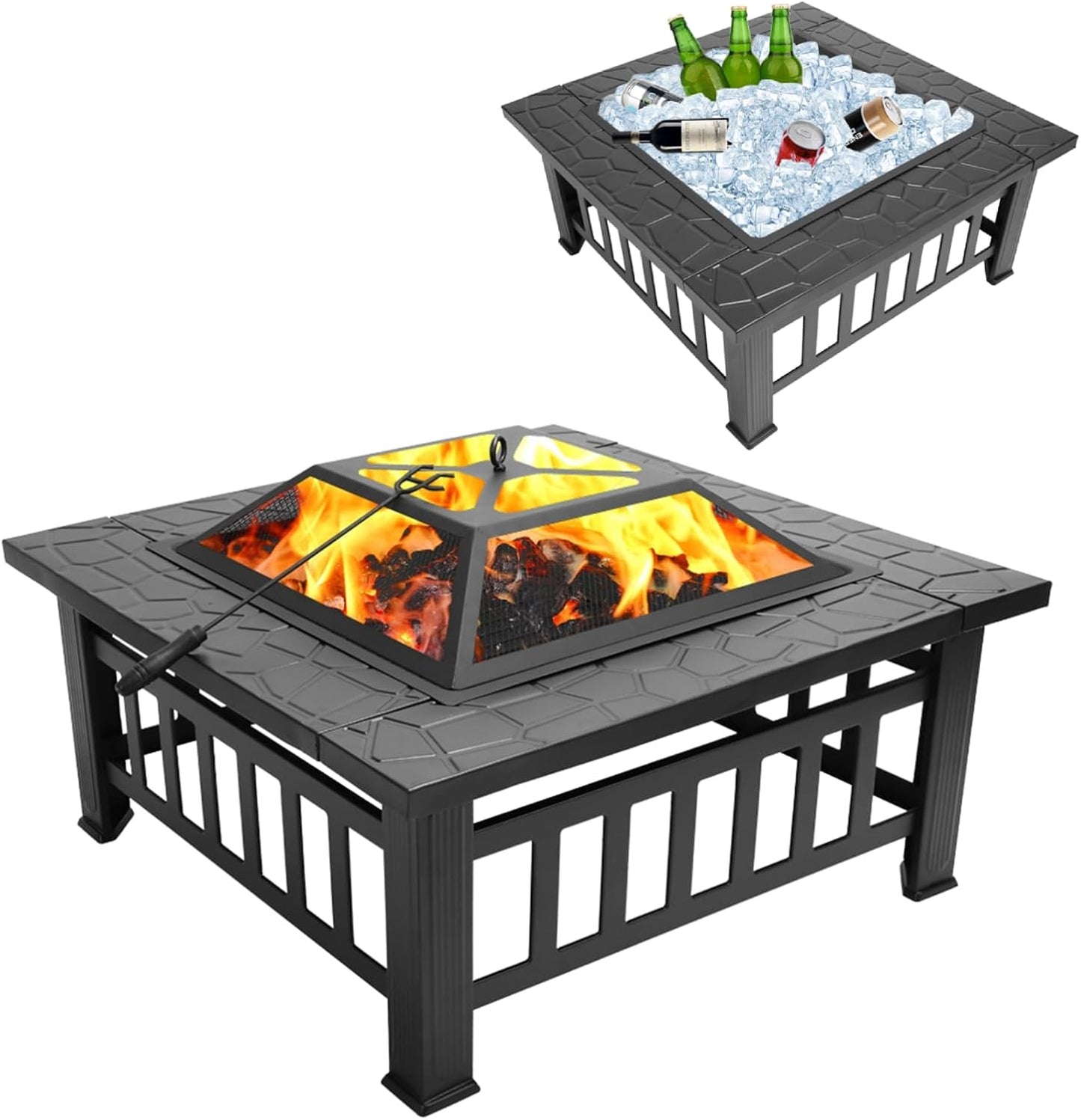 UNITED FLAMES 32-inch Black Square Wrought Iron Fire Pit
