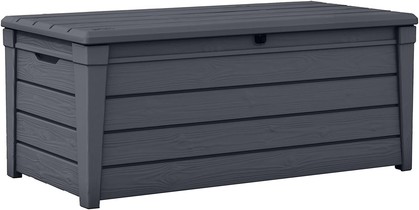 Keter Brightwood 120 Gallon Resin Large Deck Box for Patio Garden, Outdoor Cushion Storage, Pool Accessories, Tools, Grey
