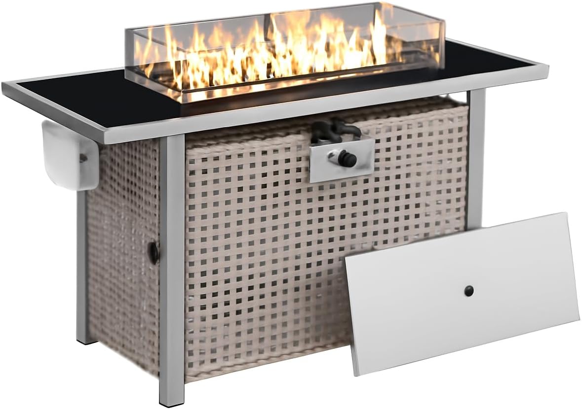 K&K 43" Propane Gas Fire Pit Table, 60000 BTU Rectangular Open Weave Wicker Fire Pit with Glass Wind Guard for Outside Patio Deck Garden Backyard - Grey