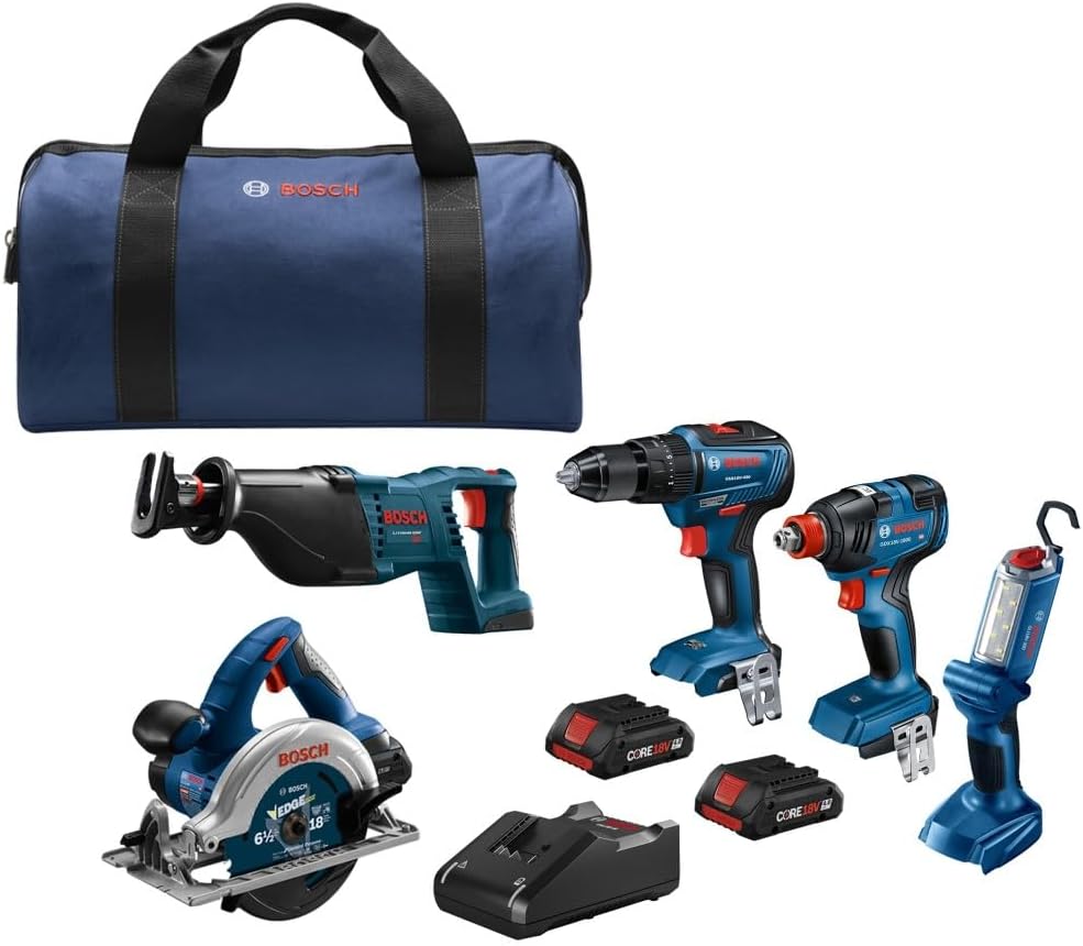 BOSCH GXL18V-501B25 18V 5-Tool Combo Kit with 2-In-1 Bit\/Socket Impact Driver\/Wrench, 1\/2 In. Hammer Drill\/Driver, Reciprocating Saw, Circular Saw, LED Worklight and (2) CORE18V 4 Ah Compact Batteries