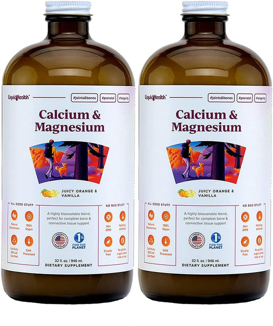 LIQUIDHEALTH Calcium & Magnesium Adult Liquid Vitamin Supplement - Bone, Joint, Muscle, Connective Tissue Support, Heart Health, Essential Nutrients - Made in USA, Vegan, Non GMO, No Sugar (2 Pack)