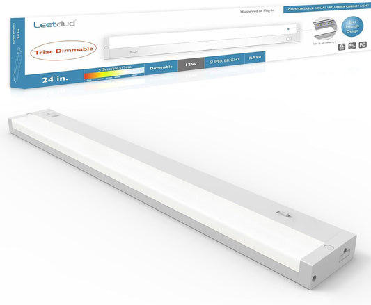 Leetdud LED Under Cabinet Lighting Hardwired or Plug in, 24 Inch 12W, Dimmable 5 Color 2700K\/3000K\/3500K\/4000K\/5000K, Linkable Eyes Care Design Counter Lights for Kitchen, Sink, ETL Listed, White