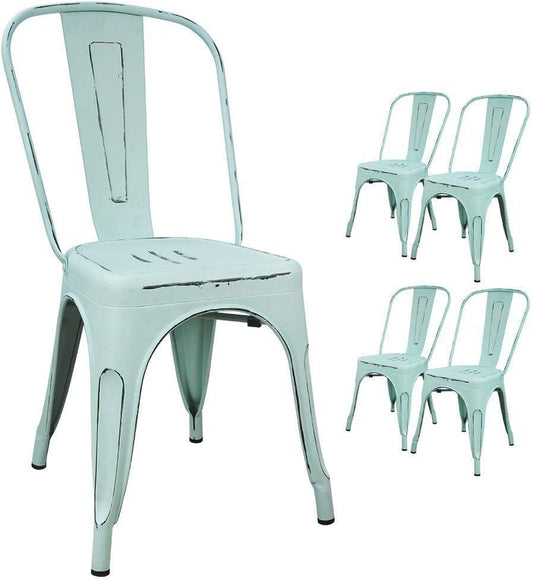 Devoko Metal Indoor-Outdoor Chairs Distressed Style Kitchen Dining Chairs Stackable Side Chair with Back Set of 4 (Blue)