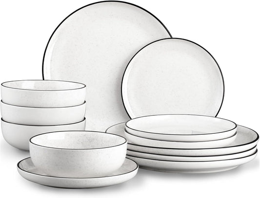 SOVEGLEE Plates and Bowls Sets for 4,12 Pieces Ceramic Dish set, White Dinnerware Set for Kitchen, Modern Design Plate Sets with Black Rim, Microwave and Dishwasher Safe