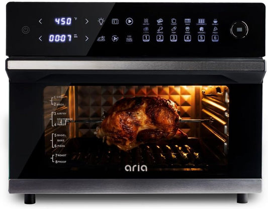 Aria 36 Qt Air Fryer Oven, Ariawave Stainless Steel Air Fryer with Rotisserie, Basket, & Grill Trays, Easy Clean Large Countertop Convection Oven, XL Touchscreen Display & Cooking Presets, Black