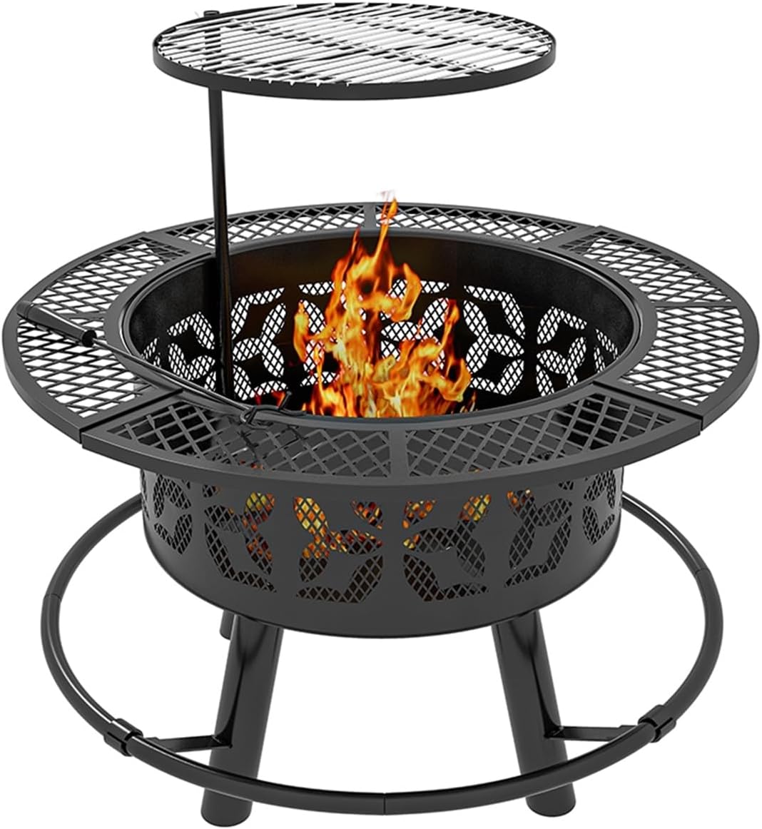 OutVue 42 Inch Fire Pit with 2 Grills, Extra Large Wood Burning Fire Pits for Outside with Lid & Poker, Heavy Duty Firepit,BBQ& Outdoor Firepit & Round Metal Table 3 in 1 for Patio,Picnic, Party