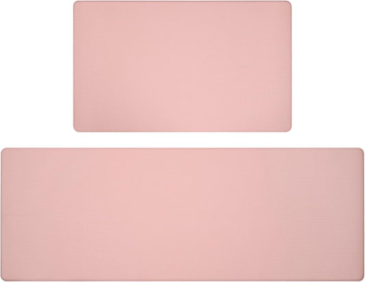 Lyeasw Pink Kitchen Mats 2 Pcs, Non-Slip Kitchen Rug Waterproof PVC Mat Set, Pink Kitchen Accessories Cushioned Anti Fatigue Kitchen Mats for Floor, Sink, 17"x29"+ 17"x47"