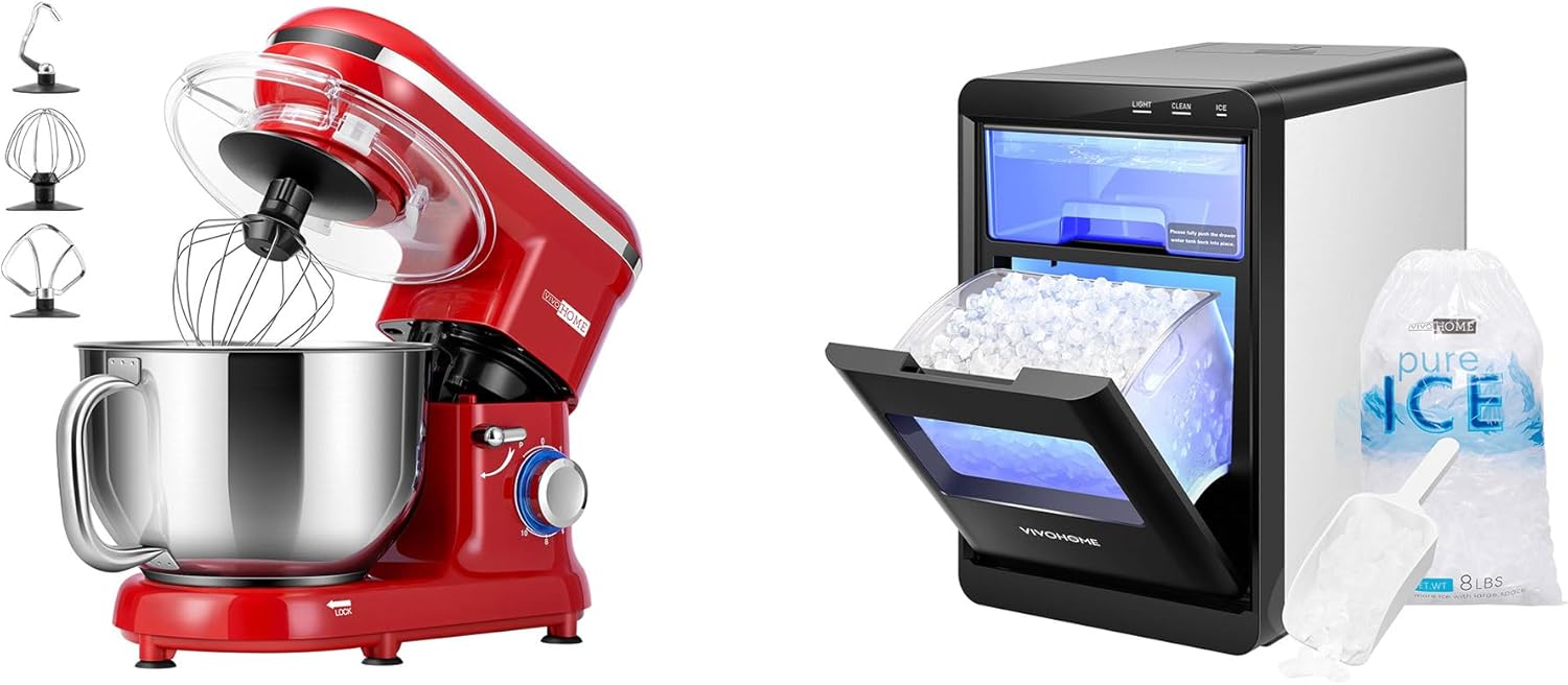 VIVOHOME 660W 10 Speed 6 Quart Tilt-Head Electric Food Mixer with Beater, Dough Hook, Wire Whip and Egg Separator and 45lbs/Day Soft Chewable Nugget Ice Maker with Self-Cleaning, Scoop, 10 Ice Bags