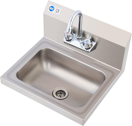 WILPREP Hand Sink Commercial Stainless Steel Sink for Washing, NSF Utility Sink with Gooseneck Faucet, Wall Mount Kitchen Sink for Restaurant Bar RV Bathroom Laundry Room (17 x 15 Inches)