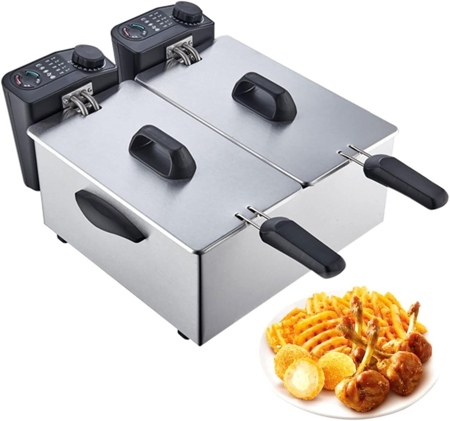 Stainless Steel Deep Fat Fryers Cool Touch Handle Housing Kitchen Countertop with Lids and Oil Basketes & Temperature Control for French Fries Fried Chicken Donuts (Color : Steel, Size : 7L)