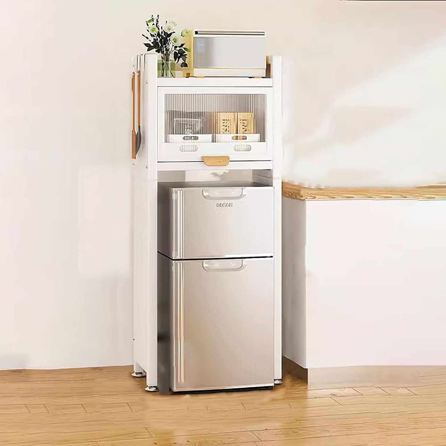 Mini Fridge Stand Storage Refrigerator Shelf with Cabinet, Kitchen Rack Stackable Cabinet Shelf Organizers, Microwave Organizer Stand for Dormitory, Appliance Platform(White,50x135cm(19 3\/4"x53 1\/8"))