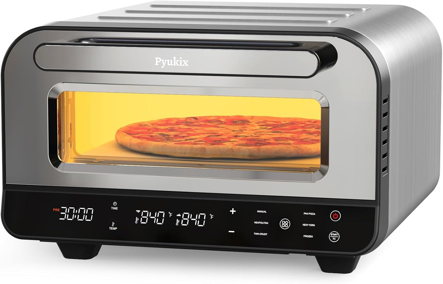 Pizza Oven Indoor, Countertop Electric Pizza Maker 12-inch, 2-minute Pizza, 6 Presets 840F Max Temperature Pizza Cooker with Stone&Peel&Cutter Included, Neapolitan, Thin Crust, New York, Custom