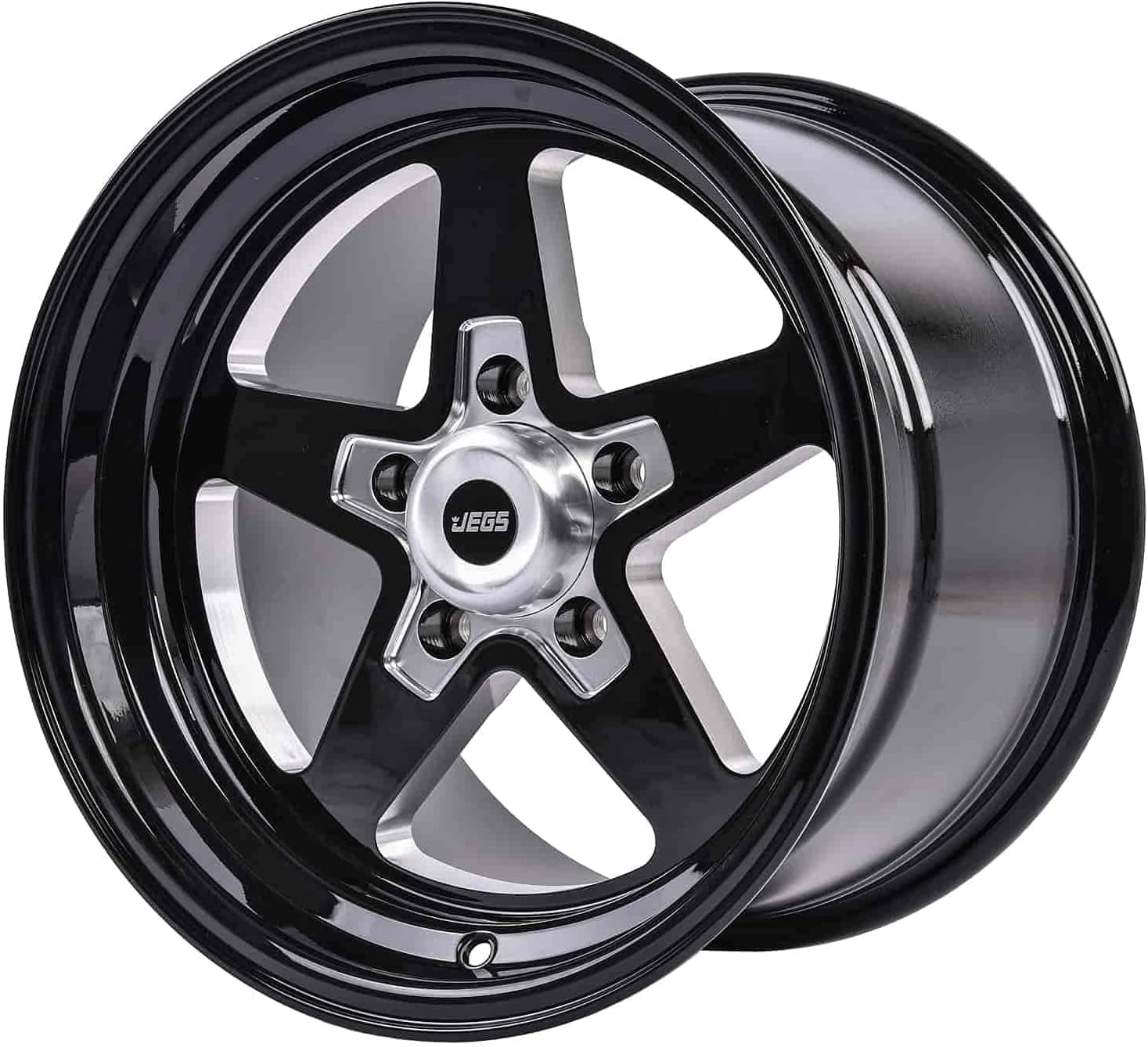 JEGS SSR Star Aluminum Wheel 15” x 10” | 5 x 4.5” Wheel Bolt Pattern Spacing | 25 mm Offset | 6.5” Backspacing | Gloss Black Powder Coat | 3.27” Center Bore | Includes Center Cap