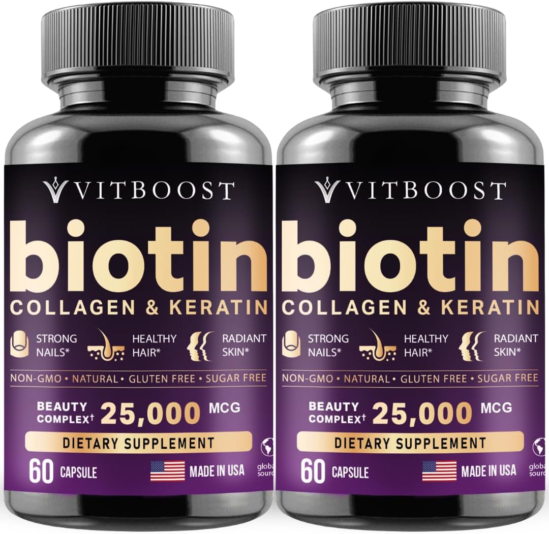 Vitboost Biotin with Hyaluronic Acid, Collagen and Keratin \u2013 25000 mcg Hair Growth Vitamins for Men and Women \u2013 Nails and Skin, USA Made - Third Party Tested, B1, B2, B3, B6, B7 Complex - 120 Capsules