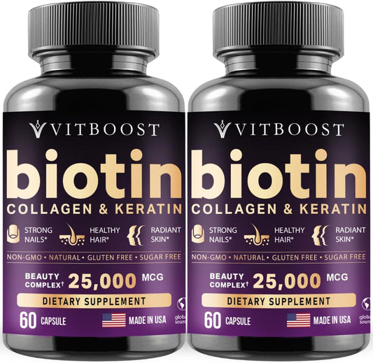Vitboost Biotin with Hyaluronic Acid, Collagen and Keratin \u2013 25000 mcg Hair Growth Vitamins for Men and Women \u2013 Nails and Skin, USA Made - Third Party Tested, B1, B2, B3, B6, B7 Complex - 120 Capsules