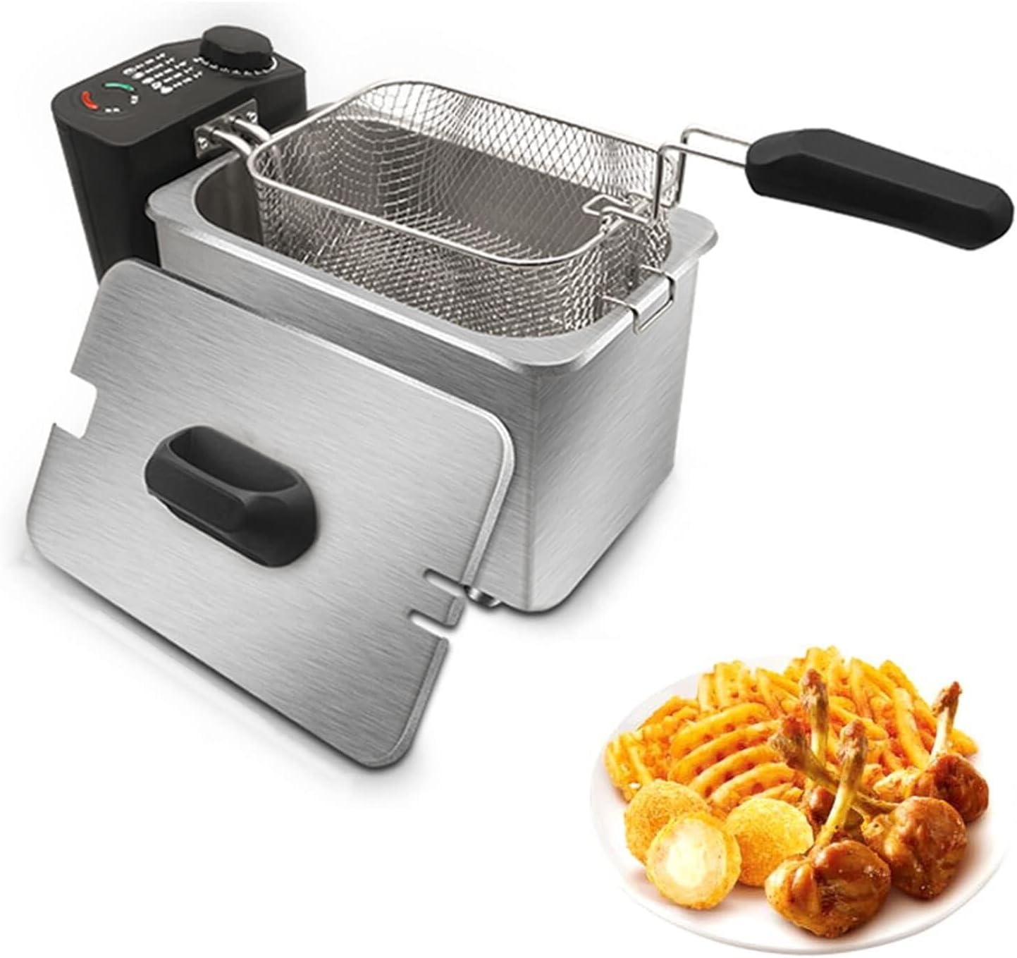 Stainless Steel Deep Fat Fryers Cool Touch Handle Housing Kitchen Countertop with Lids and Oil Basketes & Temperature Control for French Fries Fried Chicken Donuts (Color : Steel, Size : 2.5L)