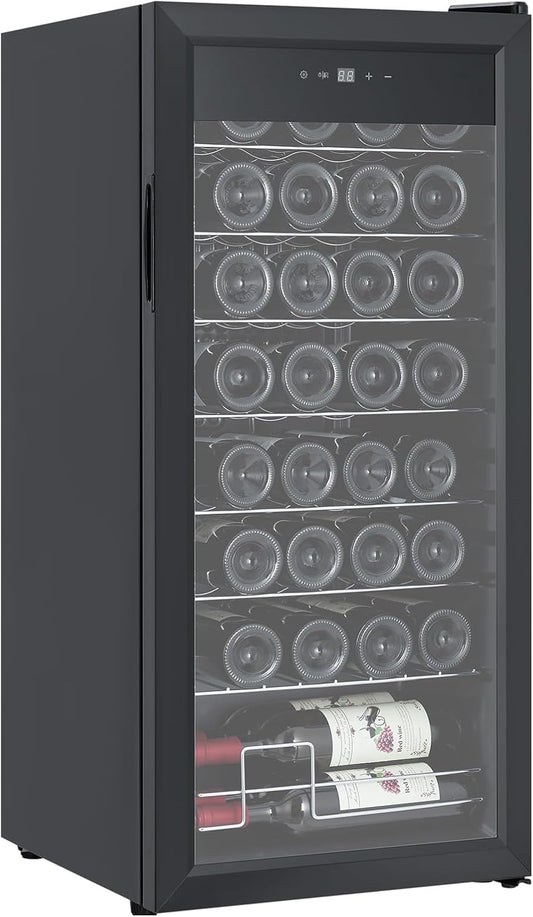 32 Bottle Wine Cooler, Compressor Wine Cooler Refrigerator with Digital Temperature Control, Freestanding Beverage Wine Fridge with Double Layer Glass Door for Wine, Champagne, Beer