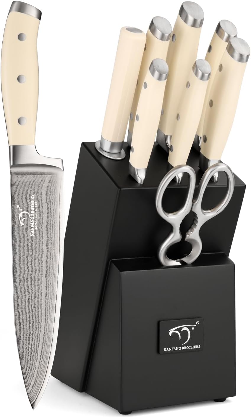 NANFANG BROTHERS Knife Set, 9 Pieces Damascus Kitchen Knife Set with Block, ABS Ergonomic Handle for Chef Knife Set, Knife Sharpener and Kitchen Shears, Knives for Chopping, Slicing & Cutting