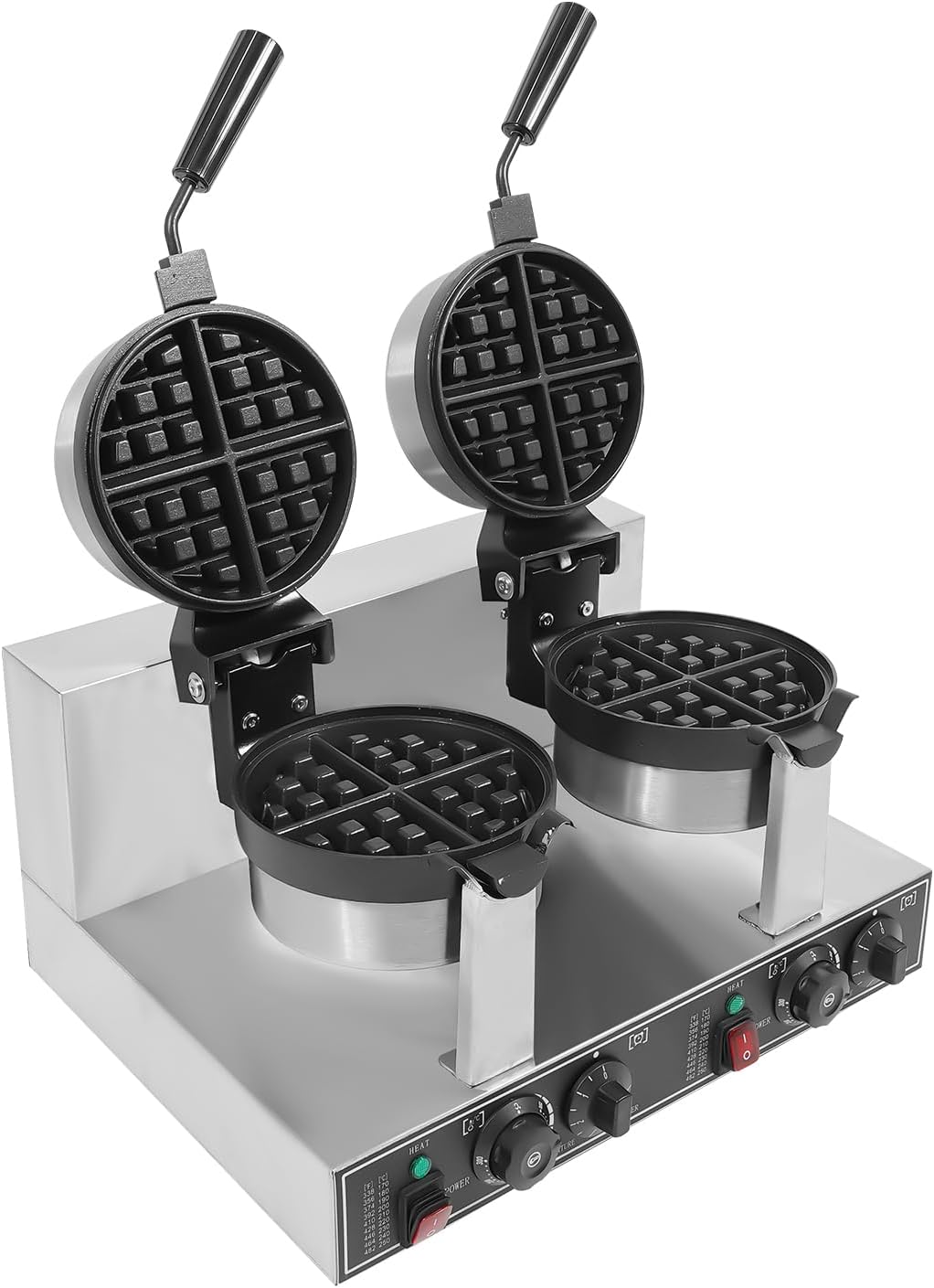 Belgian Waffle Maker, Commercial Dual-Head Rotating Non-Stick Round 2400W Stainless Steel Iron Machine for Restaurant Bakery Temperature Time Control