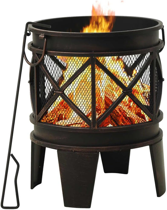 SKM Rustic Fire Pit with Poker Φ16.5 21.3" Steell,Black (Weight 14KG)