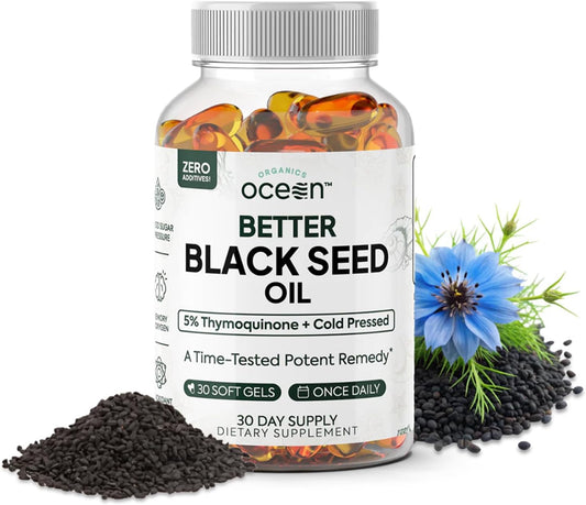 Organics Ocean Better Organic Black Seed Oil Cold Pressed - Pure Nigella Sativa Oil for Immune Support - 5% Thymoquinone - Support Memory, Vitality, and Cellular Health