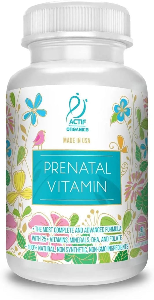 ACTIF Organic Prenatal Vitamin with 30+ Organic Vitamins, 100% Natural, DHA, EPA, Omega 3, and Organic Herbal Blend - Non-GMO, 90 Count, 2024 Formula
