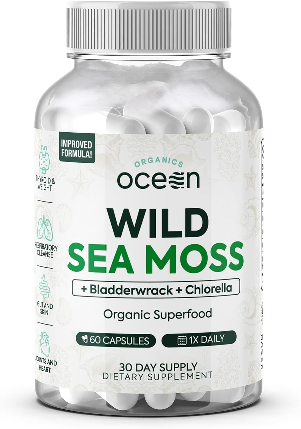 Organics Ocean Wild Sea Moss Capsules - 100% Organic Irish Sea Moss with Organic Chlorella, Bladderwrack and Vitamin D for Energy, Lung Health and Thyroid Support for Women and Men - 60 Capsules