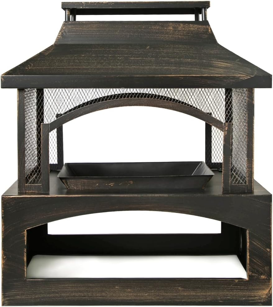 37-Inch Antique Brass Outdoor Wood Burning Fireplace, Rectangular Steel Fire Pit with Chimney, Spark Screen, Log Storage & Poker, Patio Garden Backyard Fireplace