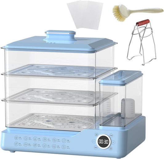 3-Tier Electric Food Steamer, 800W Household Food Steamer Machine with Independent Water Tank, 24L Capacity, Touch Screen Display, 24h Reservation, Automatic Power-Off Function(Blue)