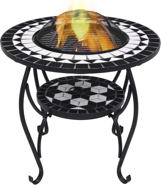 Tidyard Black and White Steel Fire Pit Table with Ceramic Surface - Garden Decor & BBQ, Safety Mesh Included