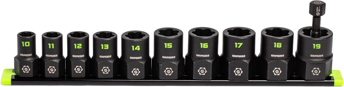 GRIPEDGE Tools | 10-PC – 3/8'' Drive Metric RPT Socket Extractor Set | Sizes 10 – 19 MM | Removes Broken Studs, Stripped Bolts and Lug Nuts | Includes Premium Aluminum Socket Rail|
