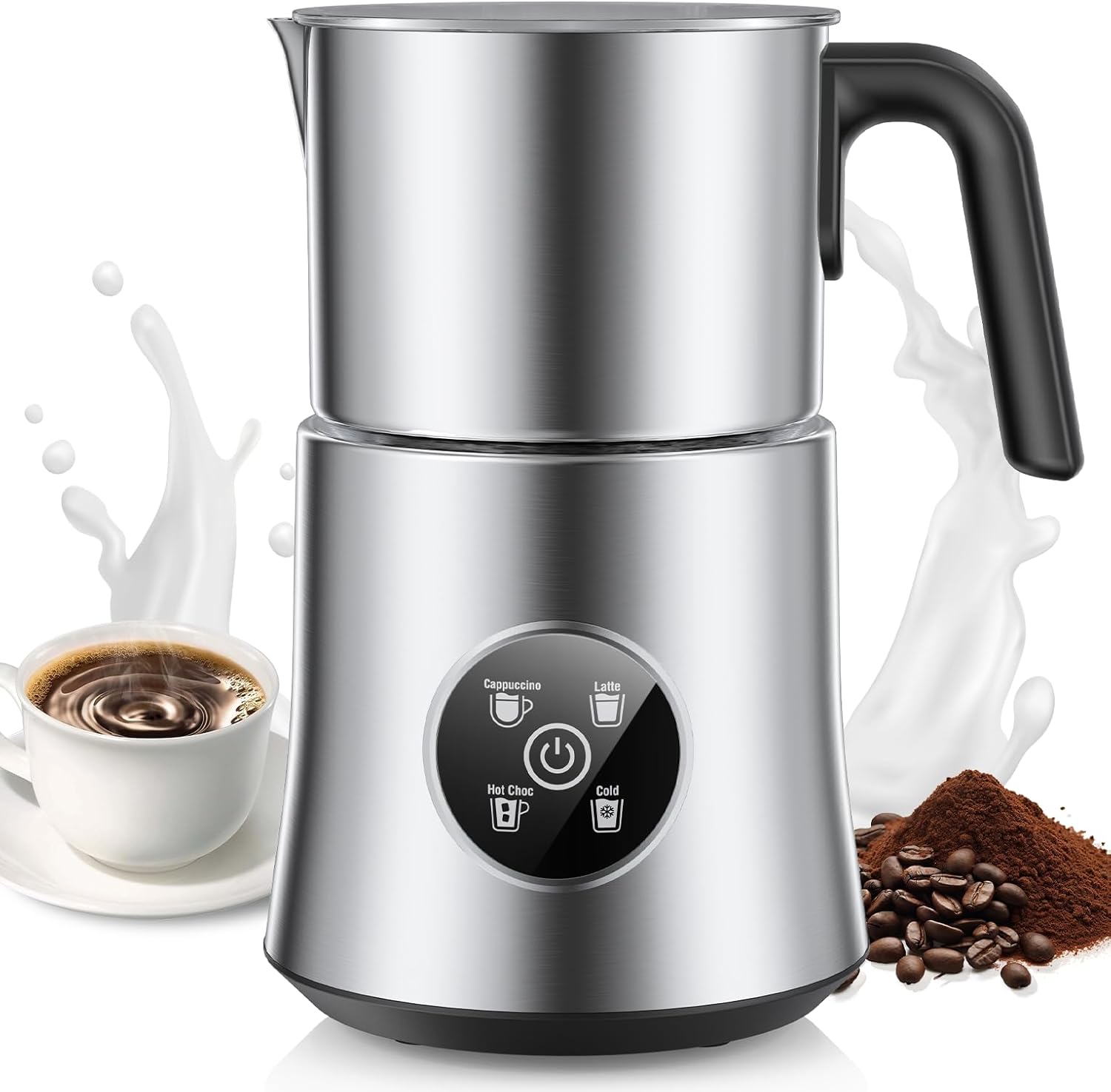 Milk Frother and Steamer, Detachable Large-Capacity Electric Frother, Milk Steamer for Coffee, Cappuccino, Latte, Choc, Stainless Steel Jug, BPA-Free Transparent Lid