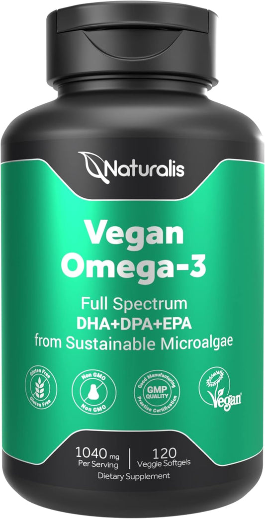 Naturalis Vegan Omega 3 DHA, EPA & DPA from Algae | Vegan Society Certified, Sustainably Sourced, True Full Spectrum | 120 Veggie Softgels (Carrageenan Free)