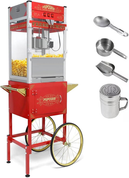 Popcorn Maker with Cart & 20oz Kettle, Antique Style Popcorn Maker on Wheels with 16" Tires & Storage Cabinet, Mobile Popcorn Popper Machine for Theater, Carnival, Home Party, Red