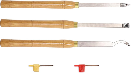 AT03 Carbide Tipped Wood Turning tools Lathe set Rougher Detailer Swan Neck Hollower with Solid Wood Handle and Diamond Round Square Carbide Inserts，3pcs