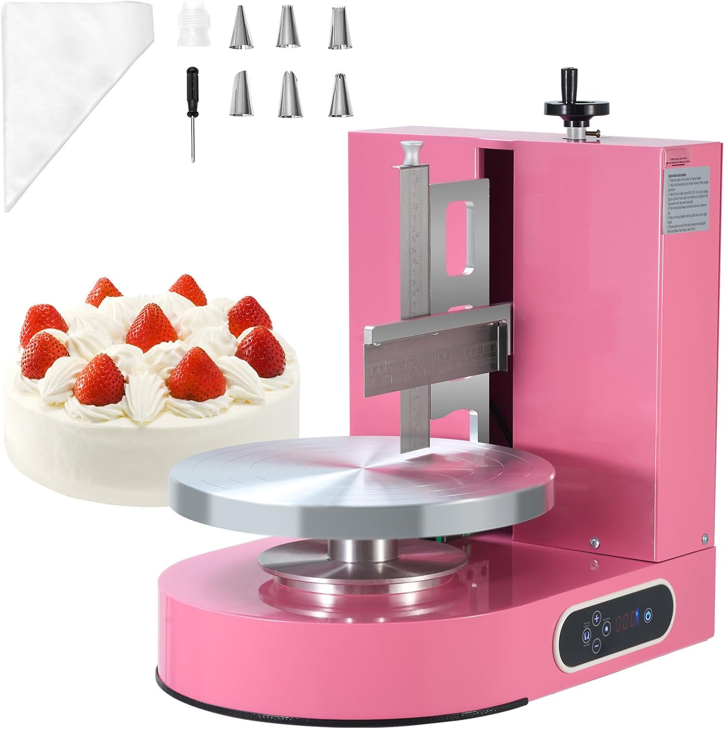 Happybuy Cake Decorating Machine,Pink,Cake Cream Spreading Coating Smearing Machine, Low Noise Cake Frosting Machine, Turntable with Adjustable Scraper, for 4" to 12" Cake, 25-320RPM Rotating Speed