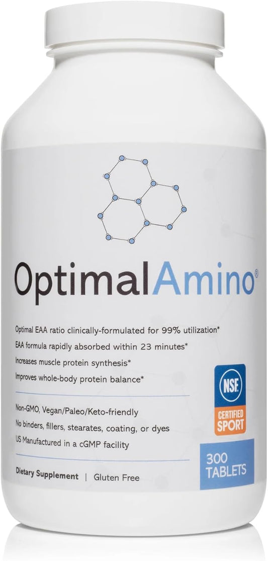 OptimalAmino Tablets (300 Count) | 99% Utilized Essential Amino Acid (EAA) Supplement, Increase Muscle Recovery, BCAA Protein Pre\/Post Workout | NSF Certified for Sport® Certified