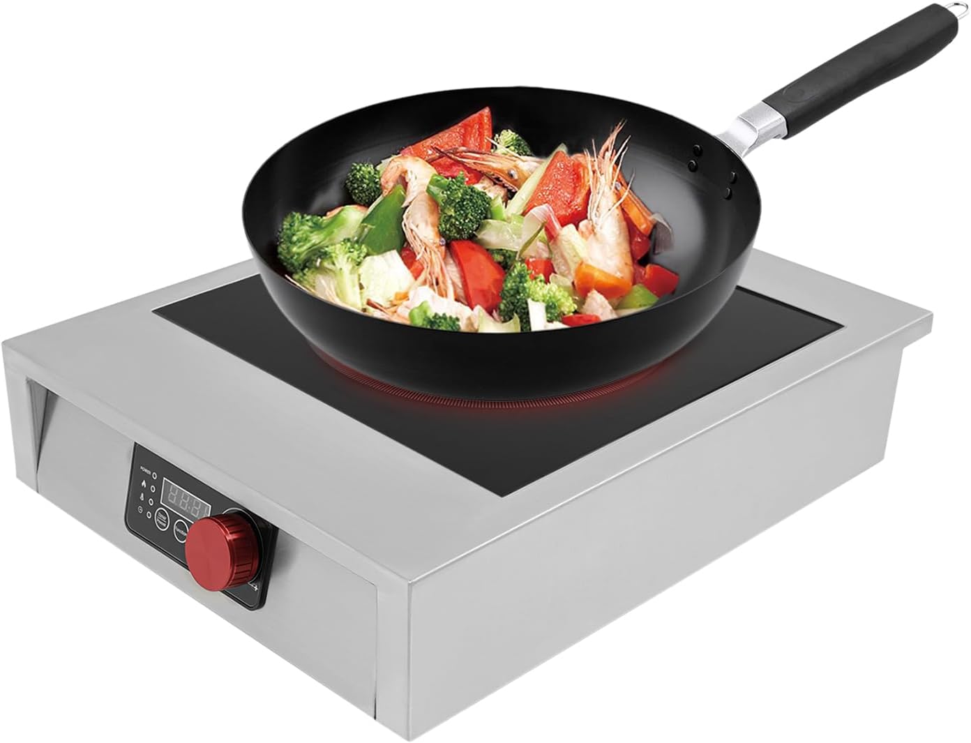 DYRABREST 3500W Commercial Induction Cooktop, Stainless Steel Portable Electric Cooker Black Crystal Panel Tabletop Induction Cooktop with Adjustable Timer and Temperature for Kitchens, RVs, and Dorms